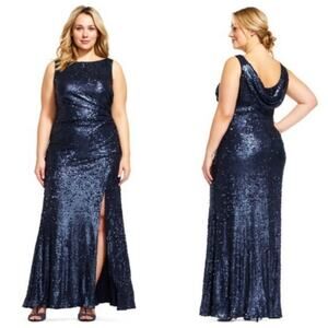 Adrianna Papell Sequin Sleeveless Scoop Back Gown Sparkle Maxi Dress Navy Blue